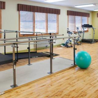 A physical therapy room equipped with parallel bars, a treadmill, and a gym ball for rehabilitation exercises.