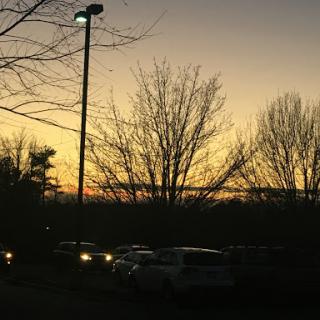 A serene sunset casting silhouettes of trees in a quiet parking lot.