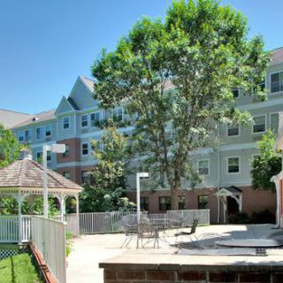 A sunny outdoor space featuring a modern building, lush tree, and a gazebo on the patio.