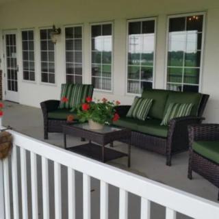 A cozy porch with cushioned seating and a centerpiece plant, overlooking a serene landscape through large glass doors.