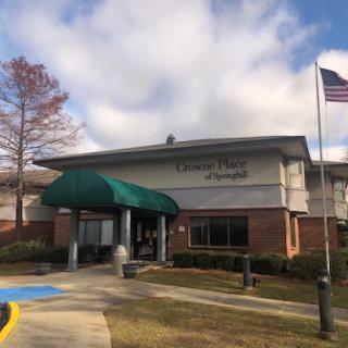 A view of a building with a green awning on a cloudy day, featuring an American flag in the foreground.