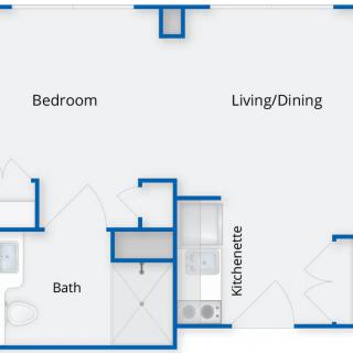 A floor plan showing a one-bedroom apartment with a living/dining area, kitchenette, and bathroom.