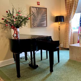 A grand piano elegantly placed next to a vase of flowers and a stylish lamp in a well-decorated room with artwork on the wall.