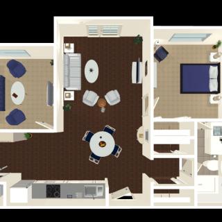 A detailed floor plan of an apartment showing the living room, bedroom, kitchen, and dining area.