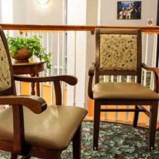 A cozy seating area with two wooden chairs and a small table with a potted plant.