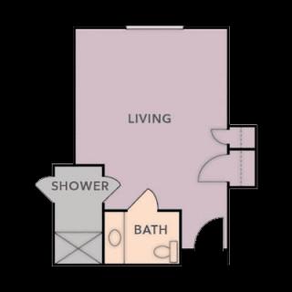 Studio apartment floor plan featuring a living area, bathroom, and shower.