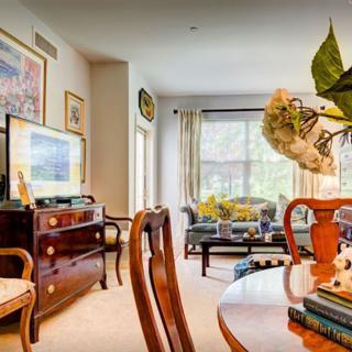 A cozy living room with classic decor, featuring elegant furniture and an abundance of natural light.