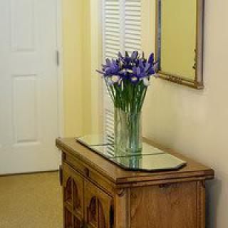 A hallway featuring a wooden cabinet with a glass vase of purple flowers and a mirror above.