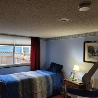 A cozy bedroom with blue walls, featuring a single bed, a window with curtains, and a nightstand with a lamp.