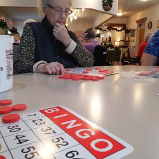 Seniors enjoying a game of Bingo at a community center.