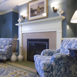 A cozy living room with a fireplace, patterned chairs, and elegant decor.