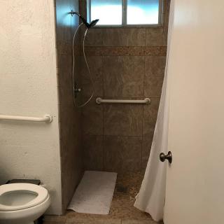 An accessible bathroom with a shower and toilet, featuring tiled walls and grab bars.