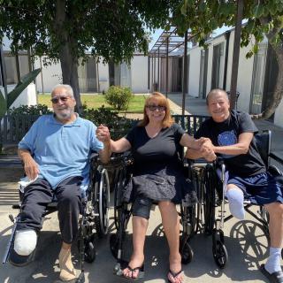 A group of three friends enjoying a sunny day outdoors, sitting in wheelchairs under a tree.