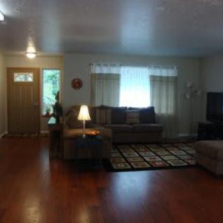 A cozy living room with a sofa, lamp, and television on hardwood flooring.