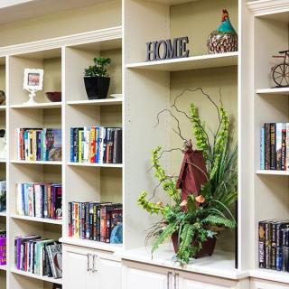 A neatly arranged bookshelf with books, decorative items, and indoor plants.