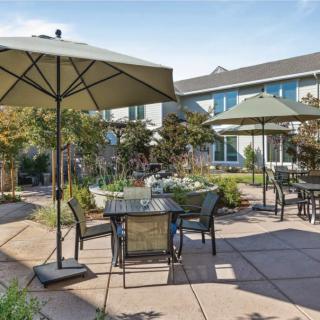 A sunny outdoor patio area with tables, chairs, and umbrellas surrounded by a landscaped garden.