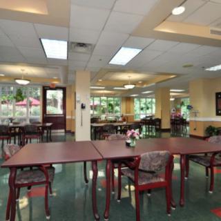 A spacious dining area with tables and chairs, featuring large windows and indoor plants.