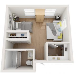 A 3D floor plan of a compact studio apartment featuring a bedroom, living area, and bathroom.