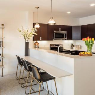 A modern kitchen with sleek design featuring a white countertop, dark cabinetry, and stainless steel appliances.