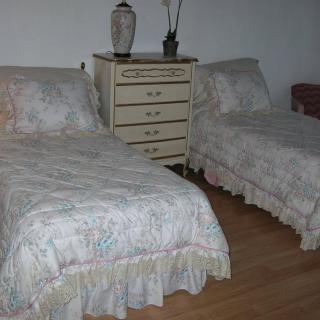A bedroom with two twin beds and a chest of drawers, decorated with floral bedding and wooden flooring.