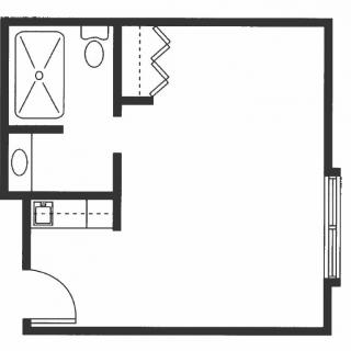 Studio apartment floor plan with a bathroom and kitchen area.
