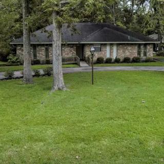 A serene view of a residential house surrounded by lush greenery and tall trees.