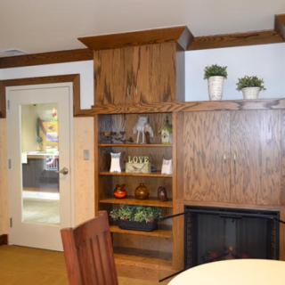 A cozy living room featuring wooden built-in shelves and a fireplace, decorated with various ornaments and potted plants.
