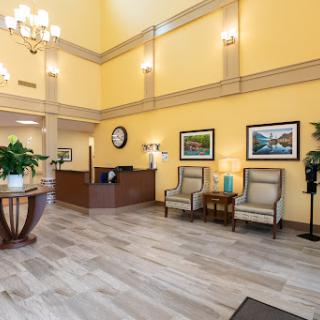 A bright and inviting hotel lobby featuring elegant furniture and decorative plants.