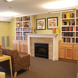 A cozy living room with a fireplace, surrounded by bookshelves and seating.