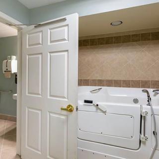 A bathroom featuring a walk-in tub with an open door for easy access.