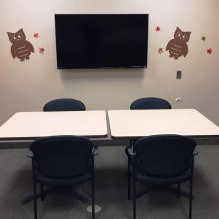 A small conference room with two tables, four chairs, a television, and owl decorations on the wall.