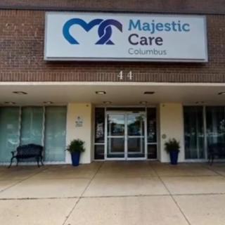 Entrance of Majestic Care facility with signage above the door.