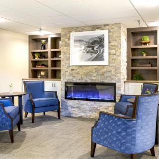 A modern living room featuring blue chairs, a stylish fireplace, and built-in bookshelves.