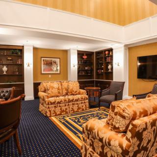 A traditional living room with patterned sofas, a carpet, and wooden shelves.