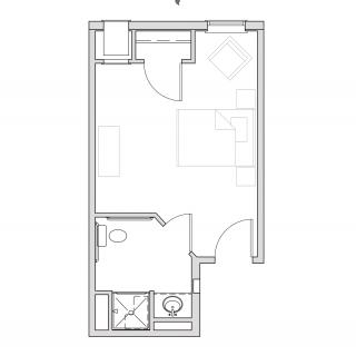 A detailed floor plan of a small studio apartment.