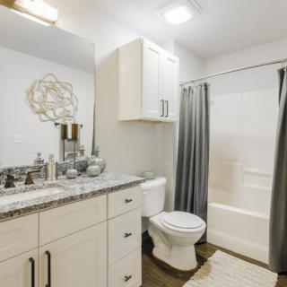 A modern bathroom featuring a sink, toilet, and shower with a curtain.