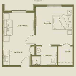 A simple one-bedroom apartment floor plan featuring a living room, kitchen, bathroom, and closet.