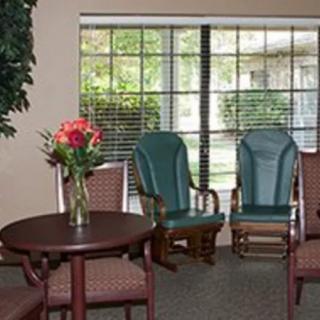 A cozy waiting room with chairs, a table, and a vase of flowers by the window.