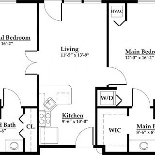 A floor plan of a two-bedroom apartment featuring a kitchen, living room, and bathroom.
