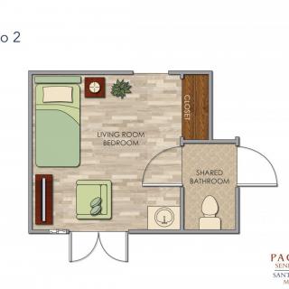 Small apartment floor plan featuring a bedroom and an attached bathroom.
