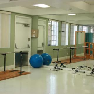 A rehabilitation gym featuring exercise equipment, mirrors, and exercise balls.