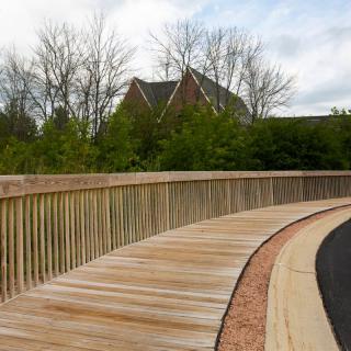 A wooden bridge curves through a natural landscape with trees in the background.