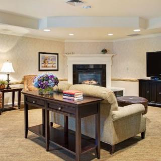 A cozy living room with a fireplace, comfortable sofa, and elegant decor.