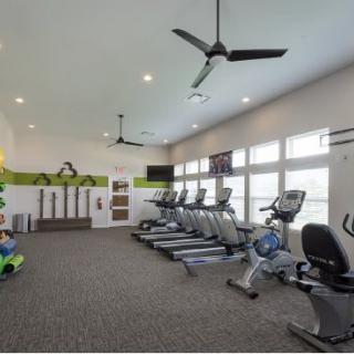 A modern gym featuring a variety of exercise equipment including treadmills and stationary bikes.