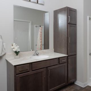 A modern bathroom with a vanity, large mirror, and storage cabinet.