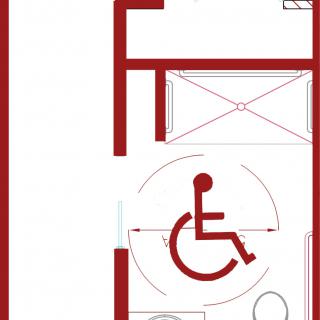 A floor plan illustrating an accessible restroom layout with wheelchair access.