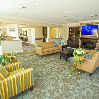 A spacious and well-decorated living room featuring sofas, armchairs, a large television, and a fireplace.