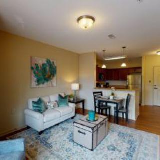 A cozy apartment living room with a sofa, dining set, and open kitchen area.