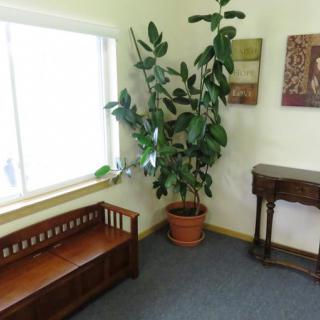 A cozy corner with a wooden bench, a potted plant, and decorative wall art.