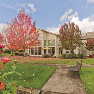 A scenic outdoor view of a building surrounded by vibrant autumn trees, with a pathway leading to a bench under a cloudy sky.
